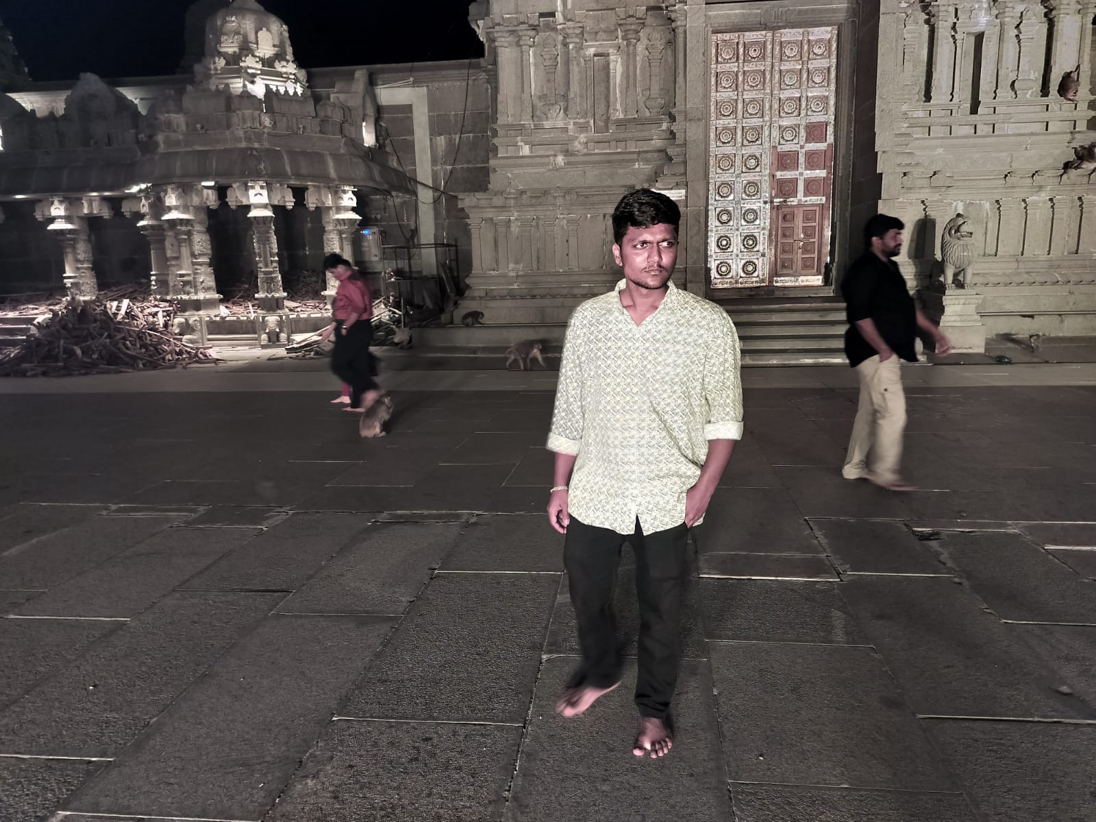 Walking Barefoot at Ancient Stone Temple Courtyard