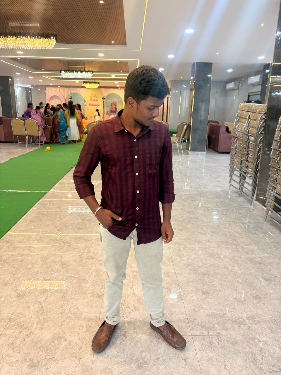 Festive Celebration in Maroon Checkered Shirt